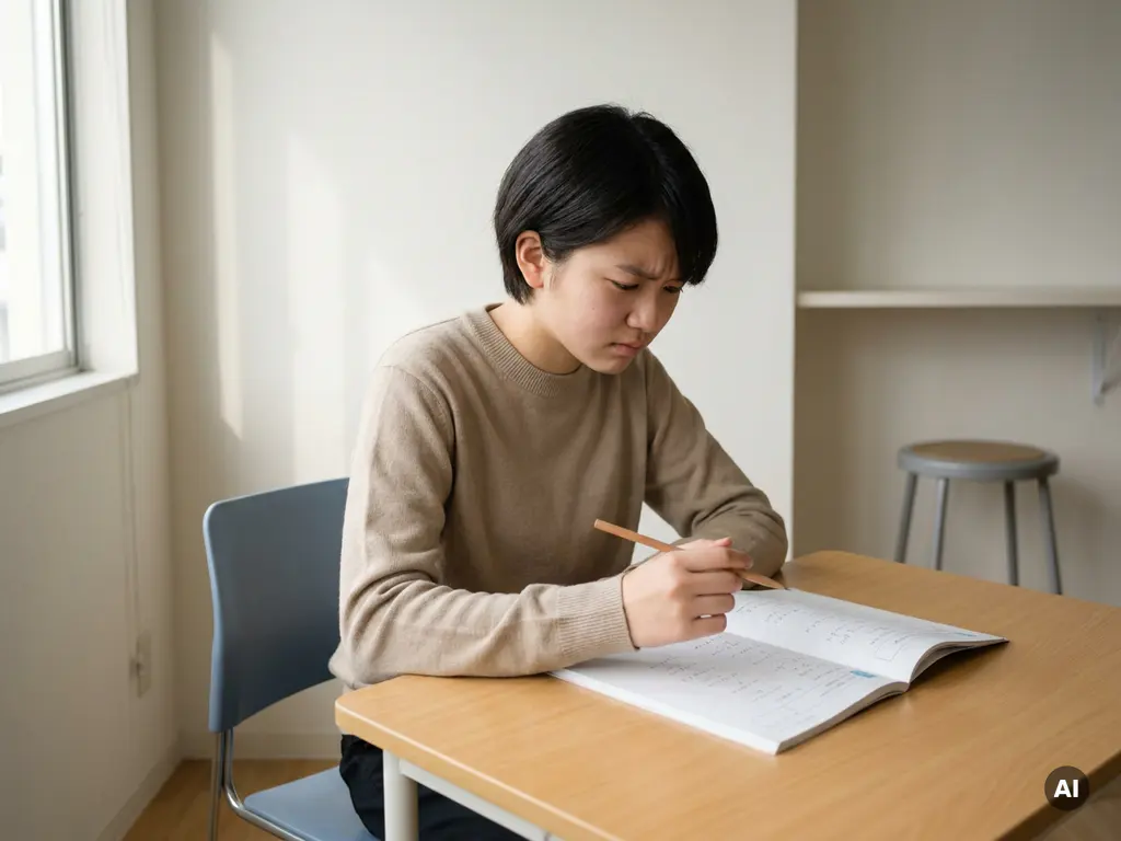 Tiener aan houten bureau gefronst over open wiskundewerkboek, potlood in hand, zacht natuurlijk licht, rustige klasomgeving.