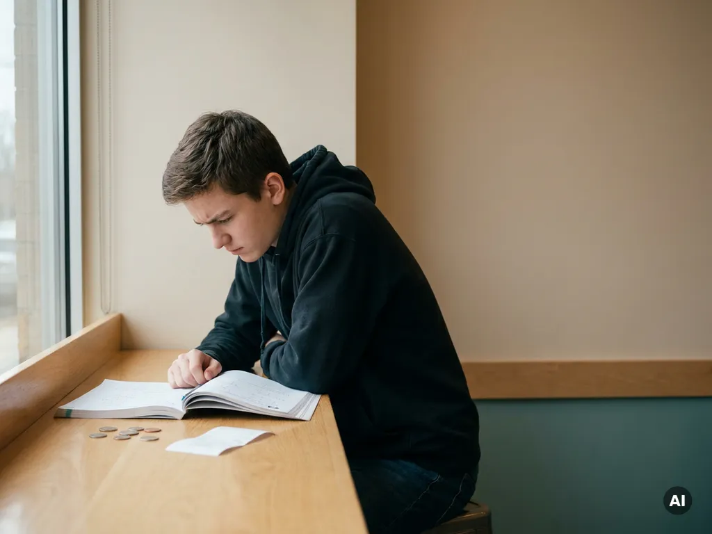Tiener met gefronste wenkbrauwen over open wiskundewerkboek aan cafétoonbank, met munten en bon, zacht daglicht.