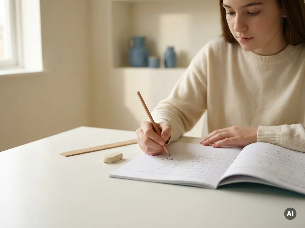 Tiener aarzelt met potlood boven open wiskundewerkboek aan wit bureau, zacht natuurlijk zijlicht.
