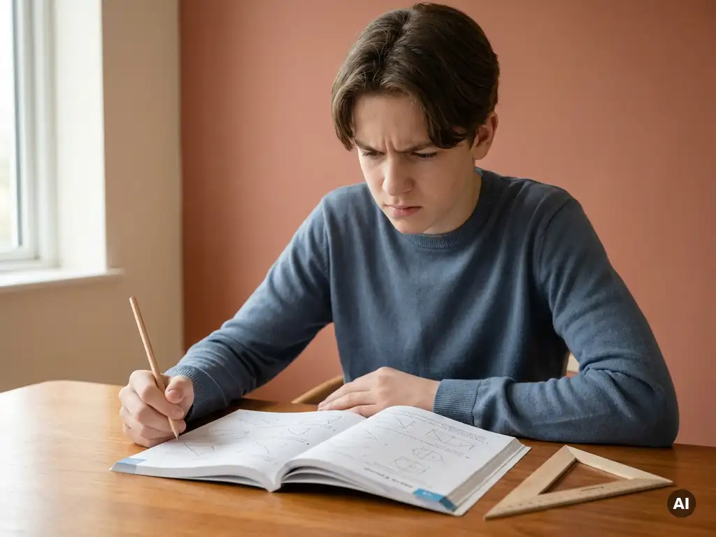Gefrustreerde tiener aan houten bureau met opengeslagen wiskundewerkboek en potlood in hand, zacht natuurlijk zijlicht.