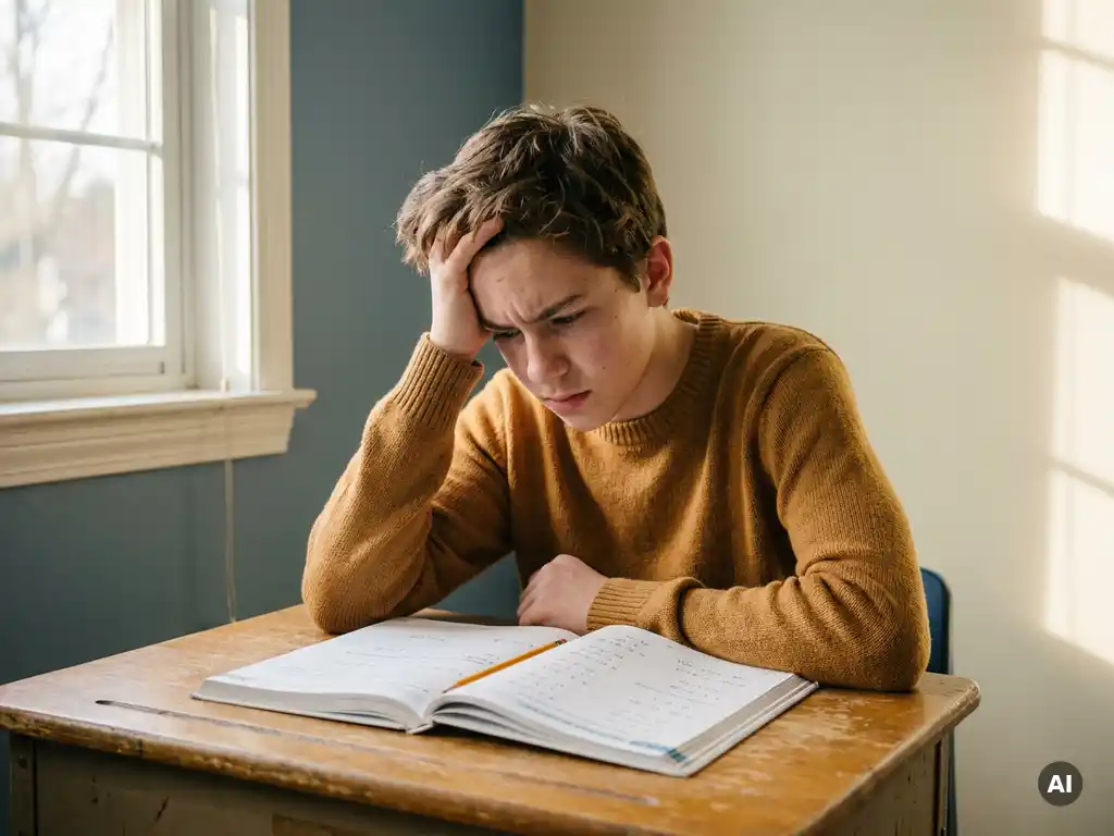 Gefrustreerde tiener aan houten bureau met open wiskundewerkboek en potlood, zacht middaglicht, warme amberkleurige tinten.
