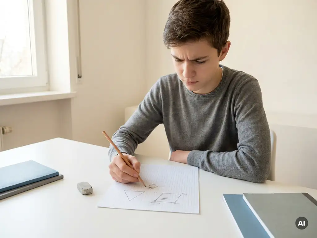 Tiener aan wit bureau met potlood, gefocust op meetkundige vormen op grafiekpapier in zacht middagslicht.