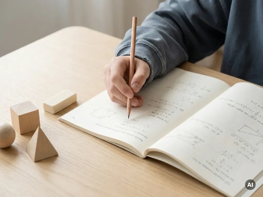 Studentenhand met potlood boven open wiskundewerkboek op houten bureau, met gum en geometrische vormen in zacht natuurlijk licht.