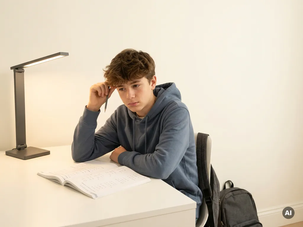 Tiener aan wit bureau kijkt aarzelend naar open wiskundewerkboek, potlood in hand, onder zacht gericht licht.