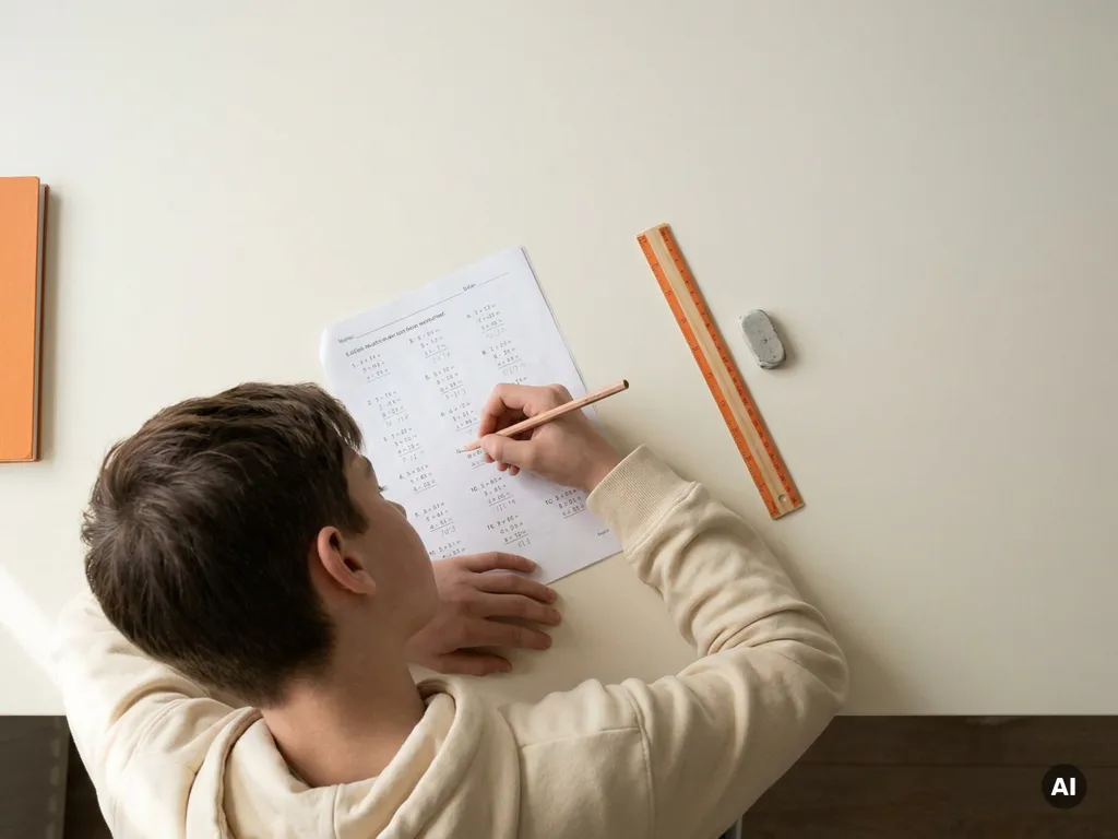 Tiener buigt zich over een wiskundewerkblad met potlood in de hand, liniaal en gum op een wit bureau in zacht natuurlijk licht.