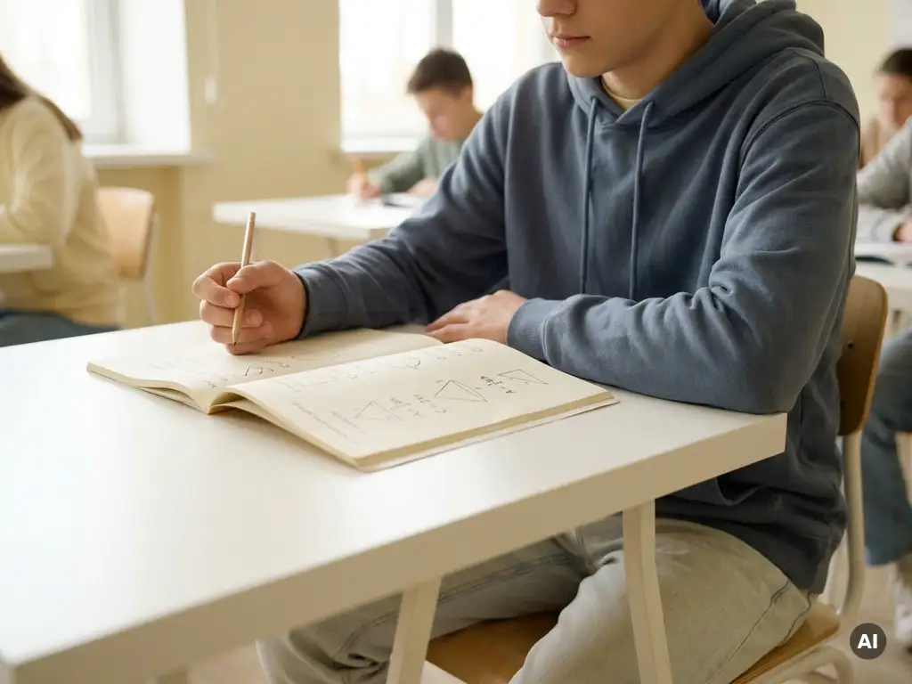 Tiener aan wit bureau met potlood boven open wiskundewerkboek, zacht natuurlijk licht vanuit zijraam, rustige klassfeer.