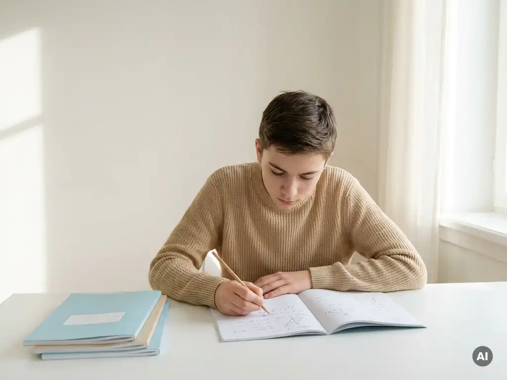 Tiener werkt geconcentreerd aan wiskundeopgaven in notitieboek aan wit bureau, met oefenwerkboeken en zacht natuurlijk licht.