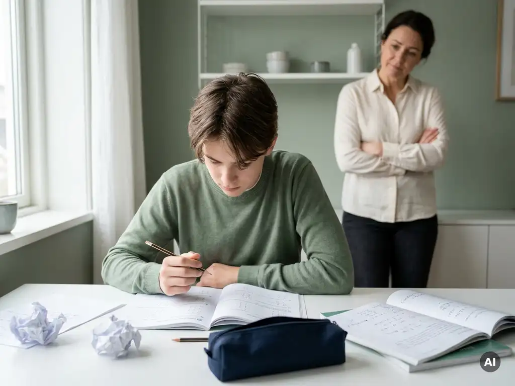 Tiener met potlood boven opengeslagen wiskundewerkboek aan wit bureau, verstrooide papieren, bezorgde ouder op de achtergrond.
