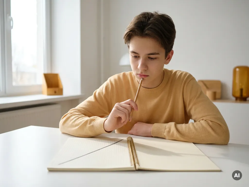 Tiener aan wit bureau met potlood boven open wiskundeschrift, diagonale lijn op ruitjespapier, zacht zijdelings daglicht.
