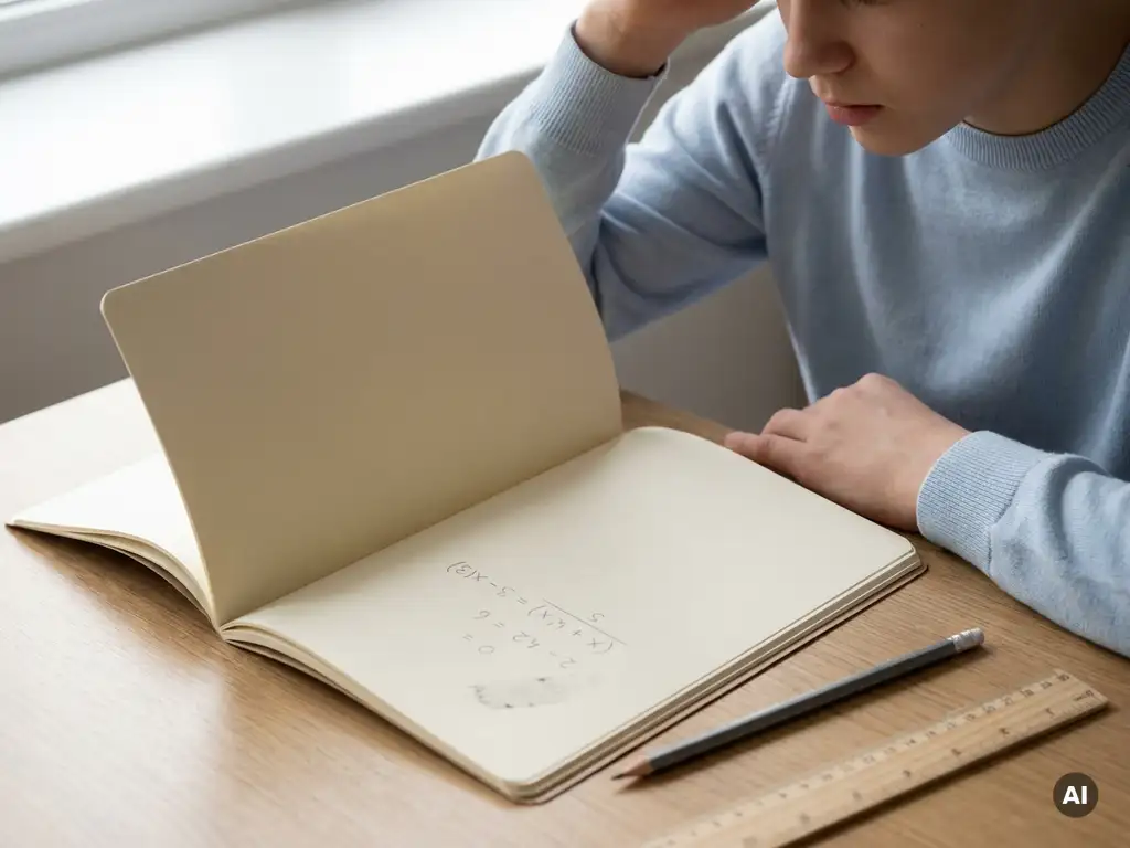 Tiener staart naar een half opgelost wiskundeprobleem in een notitieboek, met potlood en liniaal ernaast, zacht natuurlijk licht.