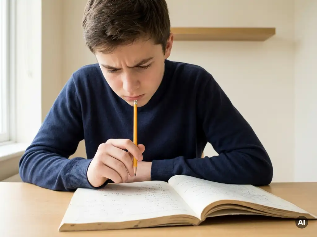 Tiener met verwarde blik boven half-opgelost wiskundeprobleem in werkboek, potlood in hand, zacht natuurlijk raamlicht.
