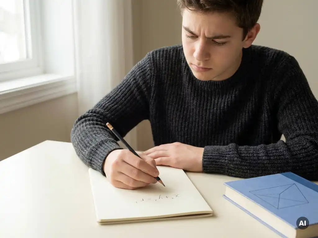 Tiener met gefronste wenkbrauwen schrijft een vergelijking in een notitieboek aan een minimalistische witte bureau, zacht zijdelings daglicht.