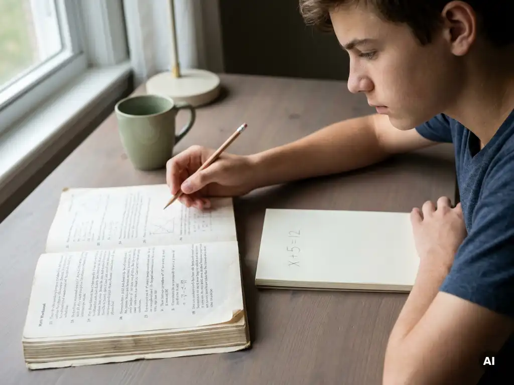 Tiener pauzeert met potlood boven wiskundewerkboek, eenvoudige vergelijking op notitieblok naast drukke tekst, zacht natuurlijk licht.