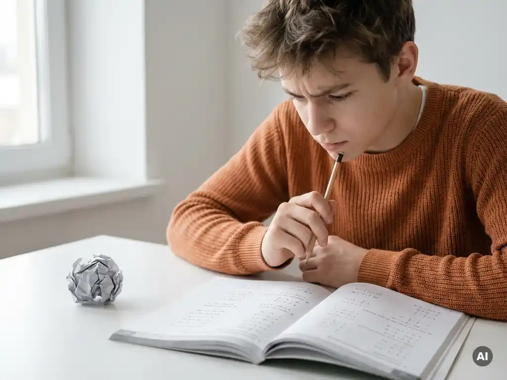 Tiener met potlood in de hand kijkt gefocust maar verward naar een open wiskundewerkboek op een wit bureau.