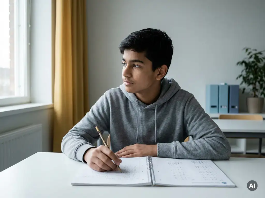 Tiener aan wit bureau, peinzend kijkend naar open wiskundewerkboek met potlood in hand, zacht natuurlijk raamlicht.