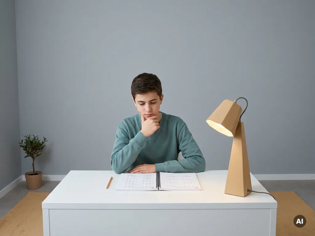 Tiener aan wit bureau kijkt aarzelend naar open wiskundewerkboek met ongebruikt potlood, in minimalistische omgeving met geometrische lamp.