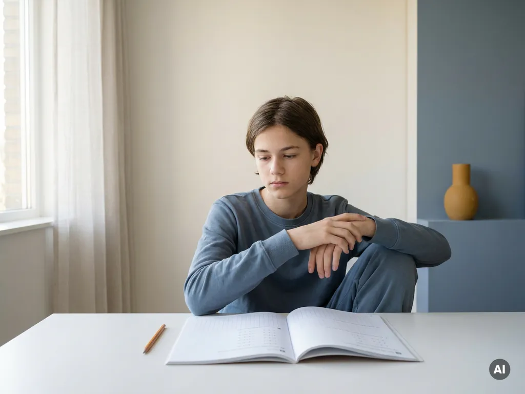 Tiener aan wit bureau starend naar open wiskundeboek met ongebruikt potlood, uitdrukking van stille onzekerheid in zacht daglicht.