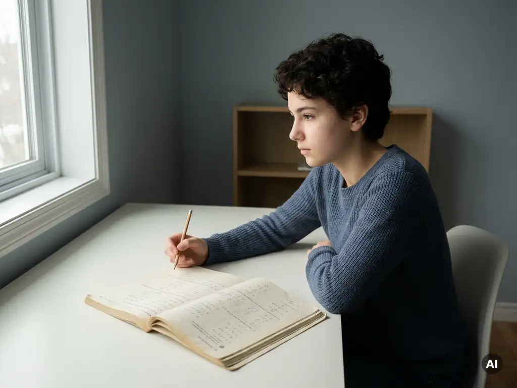 Tiener aan wit bureau met wiskundewerkboek en potlood in de hand, peinzend in natuurlijk zijlicht.