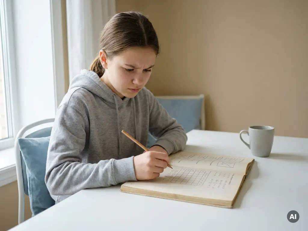 Tiener aan wit bureau kijkt peinzend naar open wiskundewerkboek met rasterdiagram, potlood in hand, zacht natuurlijk licht.