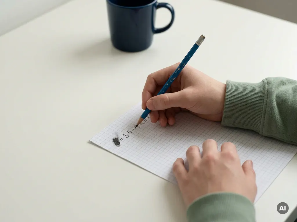 Tiener staart naar onafgemaakte berekening op ruitjespapier, potlood in de hand, zichtbaar uitgumde fout door te vroeg afronden.