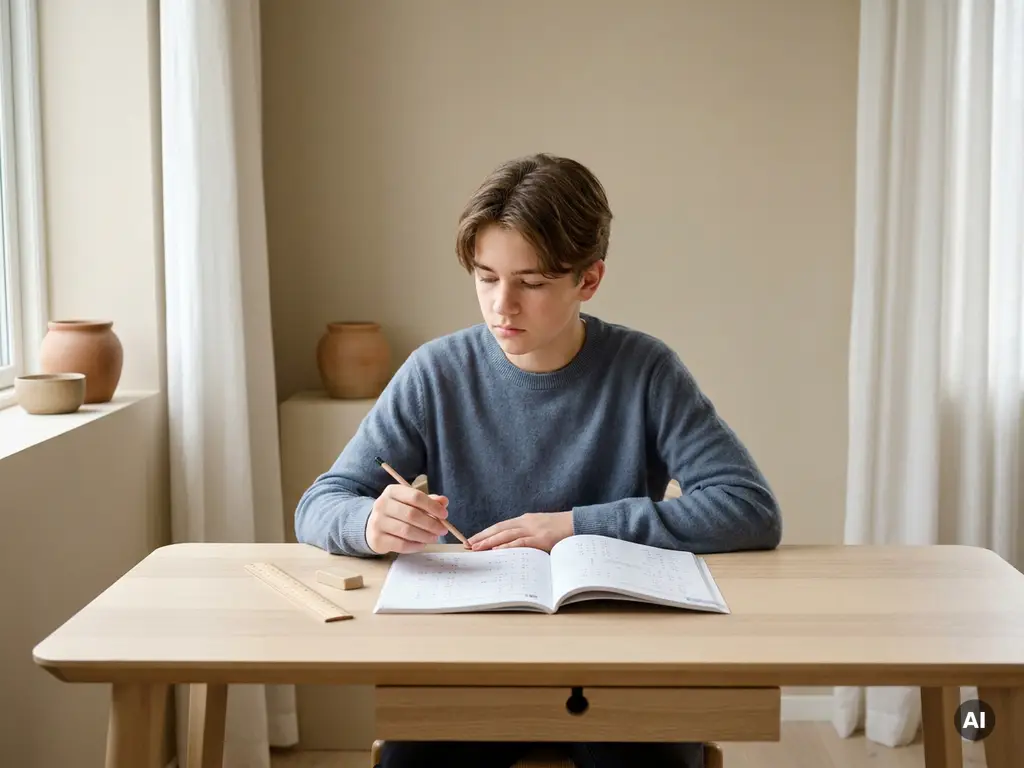 Tiener aan houten bureau met potlood boven wiskundewerkboek, geconcentreerde blik, natuurlijk zijlicht, minimalistische omgeving.