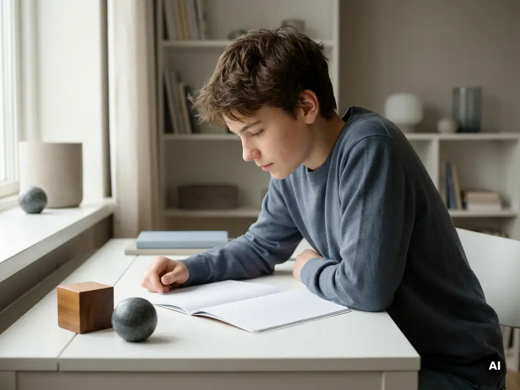 Tiener staart peinzend naar een opengeslagen wiskundeschrift op een wit bureau, met een houten kubus en stenen bol ernaast.