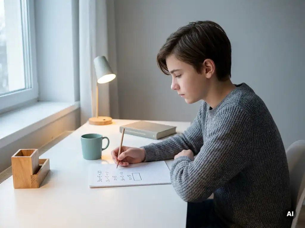 Tiener aan wit bureau met potlood in hand, starend naar een onafgemaakt wiskundeprobleem op papier in zacht natuurlijk licht.