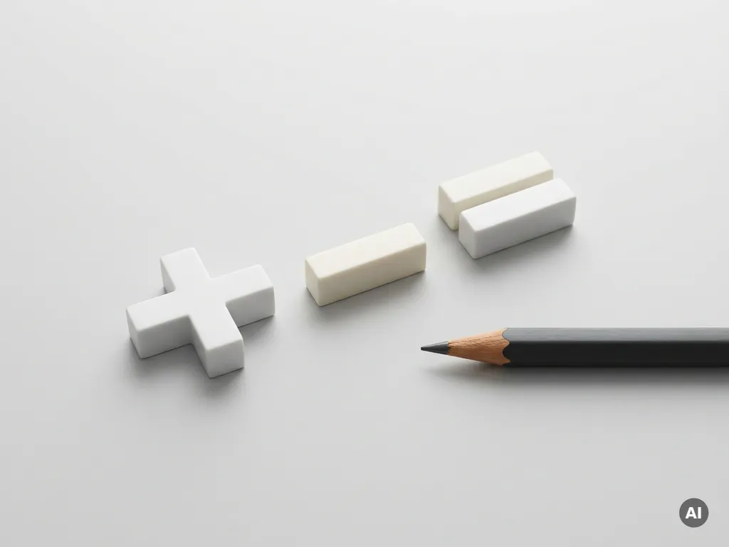 Witte geometrische blokken in plus-, min- en isgelijktekens naast een scherp potlood op een lichtgrijs oppervlak.