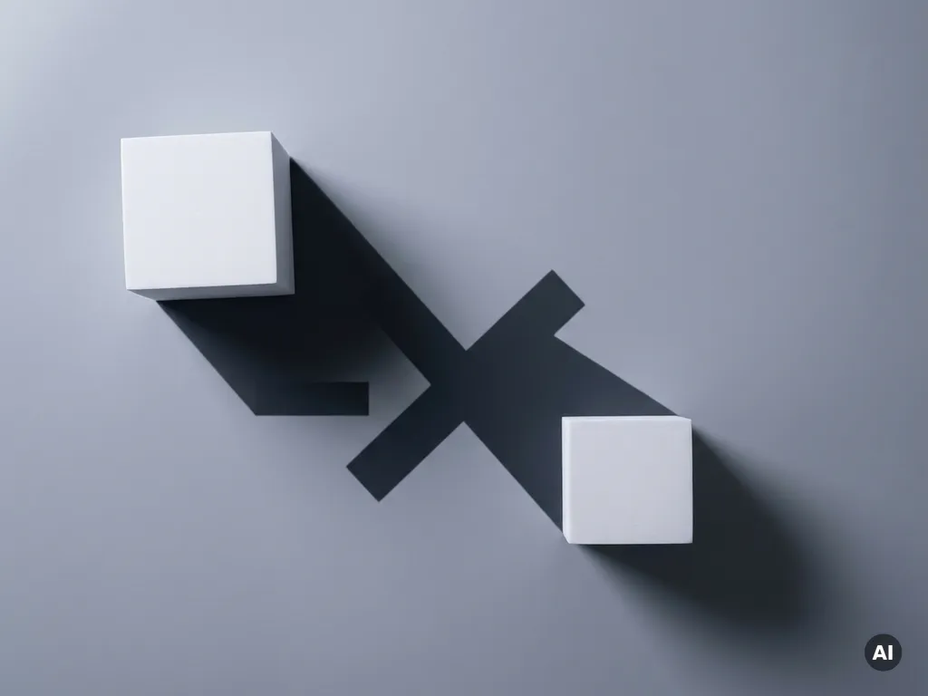 Twee witte geometrische kubussen op lichtgrijs oppervlak, schaduwen versmelten tot één vorm als symbool voor negatieve vermenigvuldiging.
